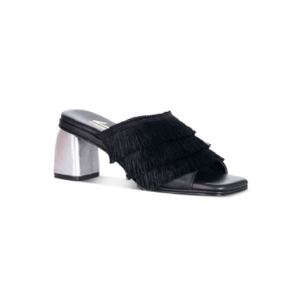 Silvia Cobos Womens 6 M Black Cha Cha Leather Fringe Block Heel Sandals NIB MT2